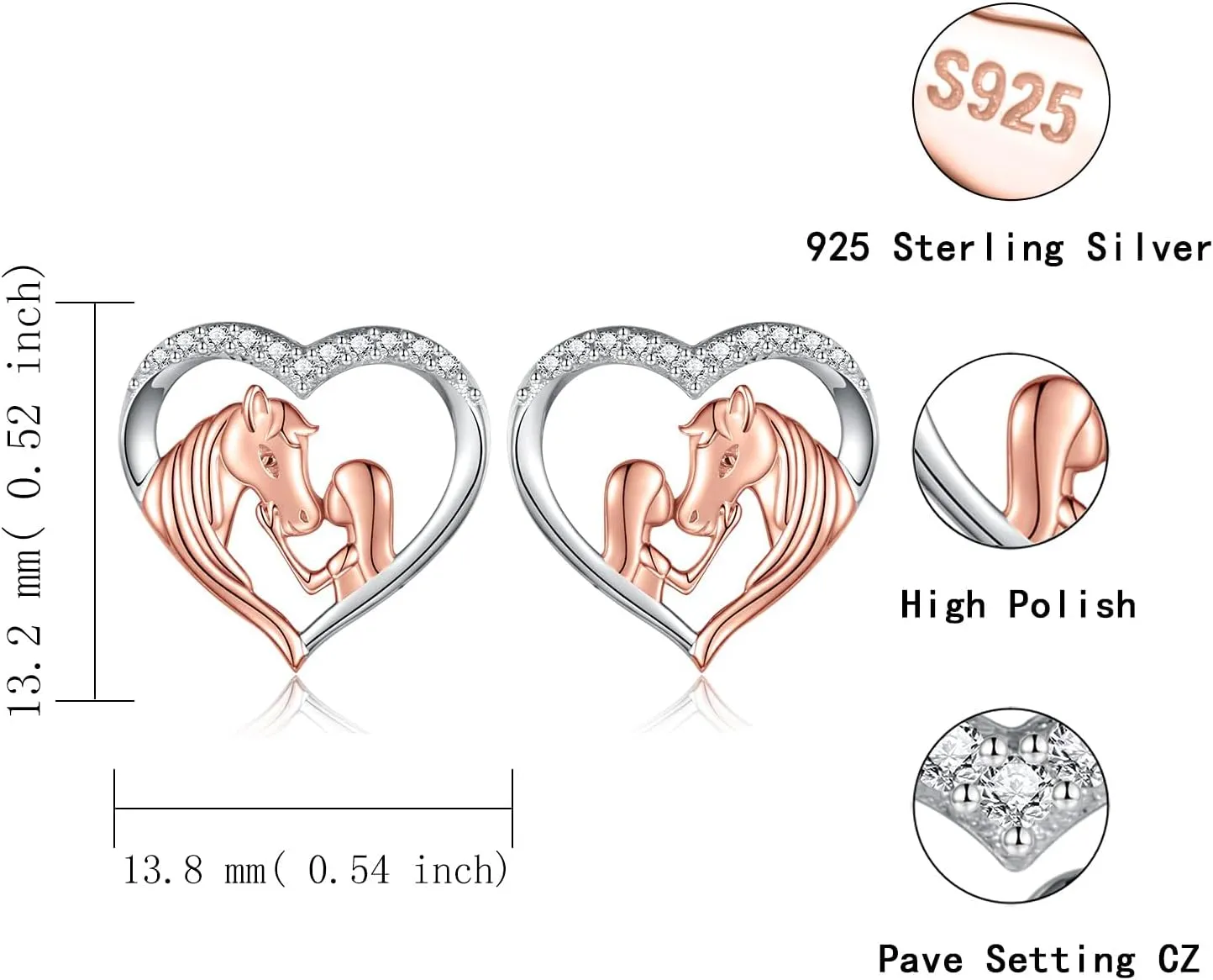 Hypoallergenic Lucky Horse Stud Earrings 925 Sterling Silver Lucky Horse in Heart earrings Embrace Horse earrings Equestrian Birthday Gift