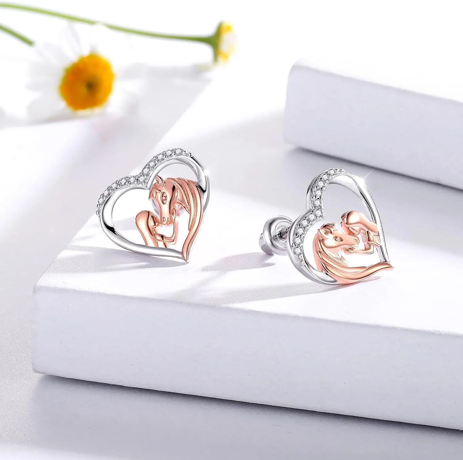 Hypoallergenic Lucky Horse Stud Earrings 925 Sterling Silver Lucky Horse in Heart earrings Embrace Horse earrings Equestrian Birthday Gift