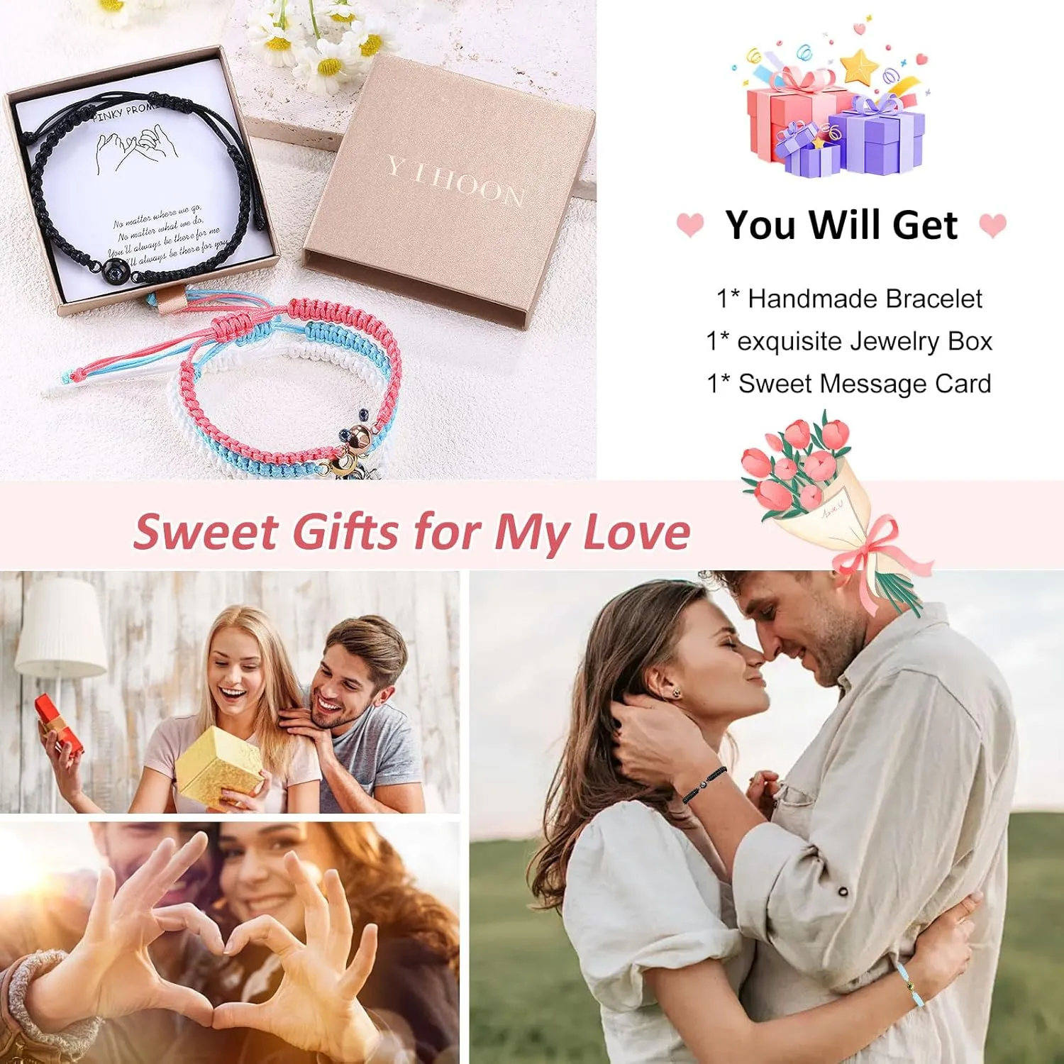 I Love You 100 Languages Matching Couple Bracelets Adjustable Braided Rope Handmade Bracelet Inspirational Chain Charm Special Day Gifts for Boyfriend Girlfriend Son Daughter Mom Dad