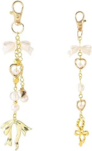 IKANOO 2 Pcs Gold Bow Keychain Bag Charms for Women Heart Pearl Beaded Charms Key Chain Accessories for Handbag Backpack