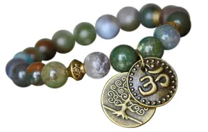 India Agate Gemstone Mala Bracelet, Tree of Life, Yoga OM stack bracelet, healing meditation bracelet,buddhist jewelry