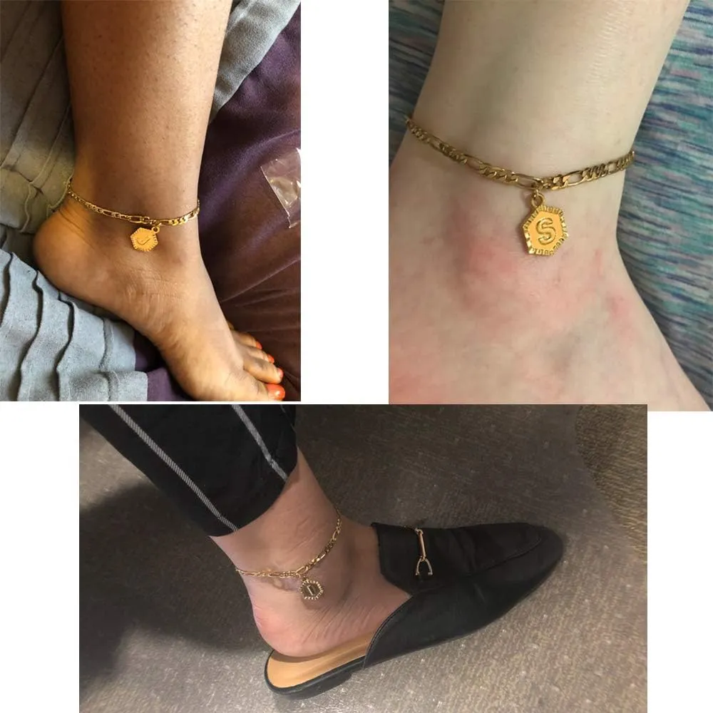 Initial Ankle Bracelets for Women Men, 18K Gold Silver Figaro Cuban Link Anklet Bracelet for Women Teen Girls, Custom Name Gold Anklet with Initials