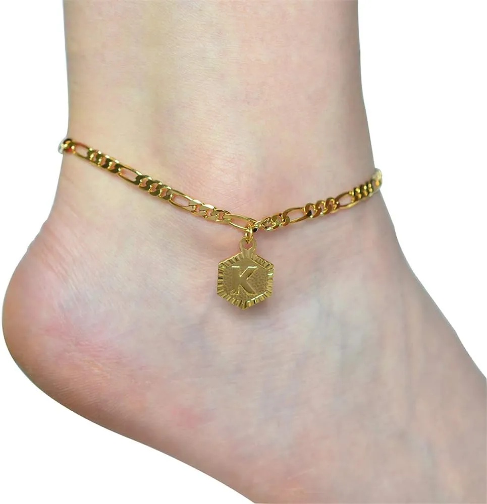 Initial Ankle Bracelets for Women Men, 18K Gold Silver Figaro Cuban Link Anklet Bracelet for Women Teen Girls, Custom Name Gold Anklet with Initials