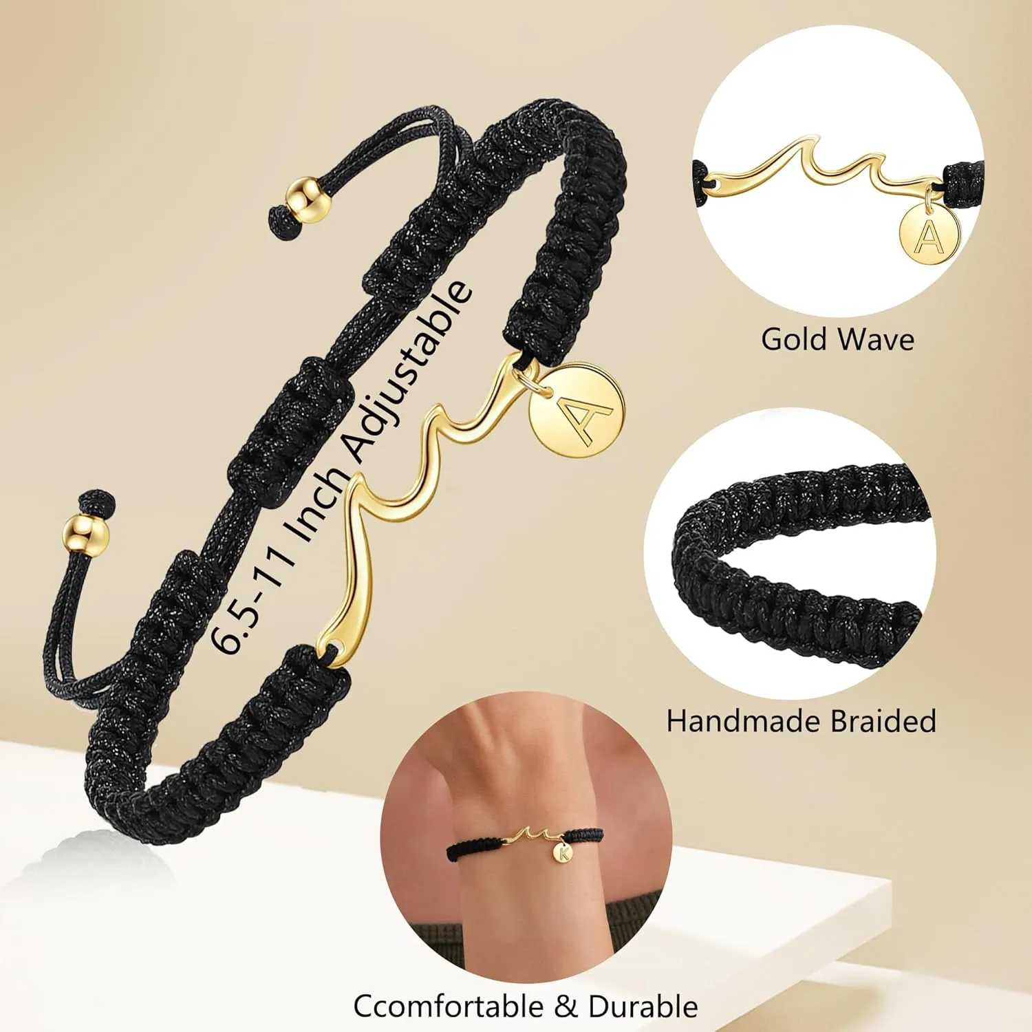 Initial Bracelet Inspirational Gifts for Women Gold Wave Bracelet with A-Z Initial Charm Braided Bracelets Encouragement Spiritual Thoughtful Cheer Up Birthday Gifts for Women Teens Jewelry