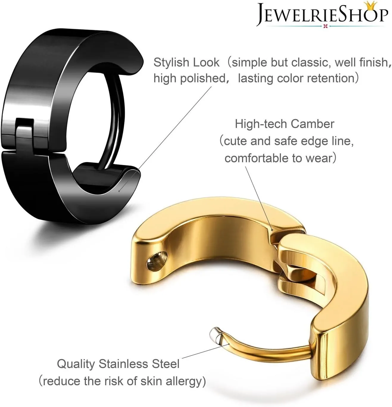 JewelrieShop Men Jewelry Set Huggie Earrings Hinged Hoop Dangle Earrings, Stainless Steel, Hypoallergenic, Urban Hoop Earrings