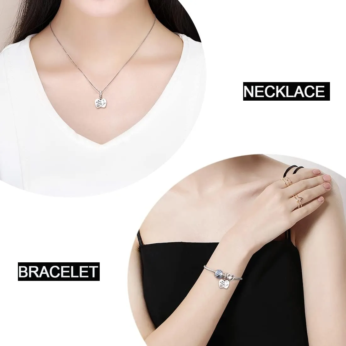 JIAYIQI Mother Sister Daughter Wife Charms Fit Charms Bracelet Necklace with Double Heart Love Charms 925 Sterling Silver Beads for Women Jewelry