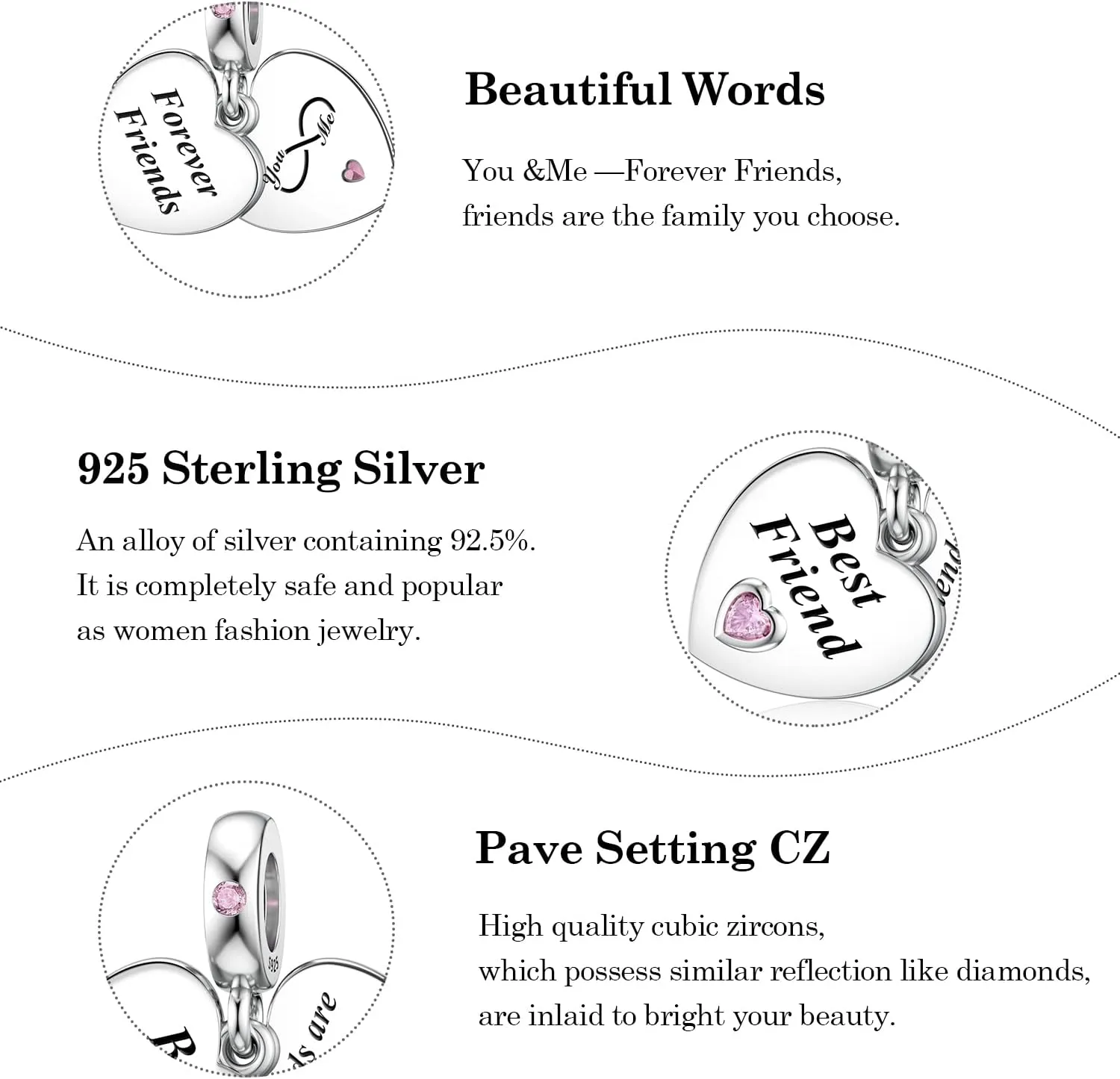 JIAYIQI Mother Sister Daughter Wife Charms Fit Charms Bracelet Necklace with Double Heart Love Charms 925 Sterling Silver Beads for Women Jewelry