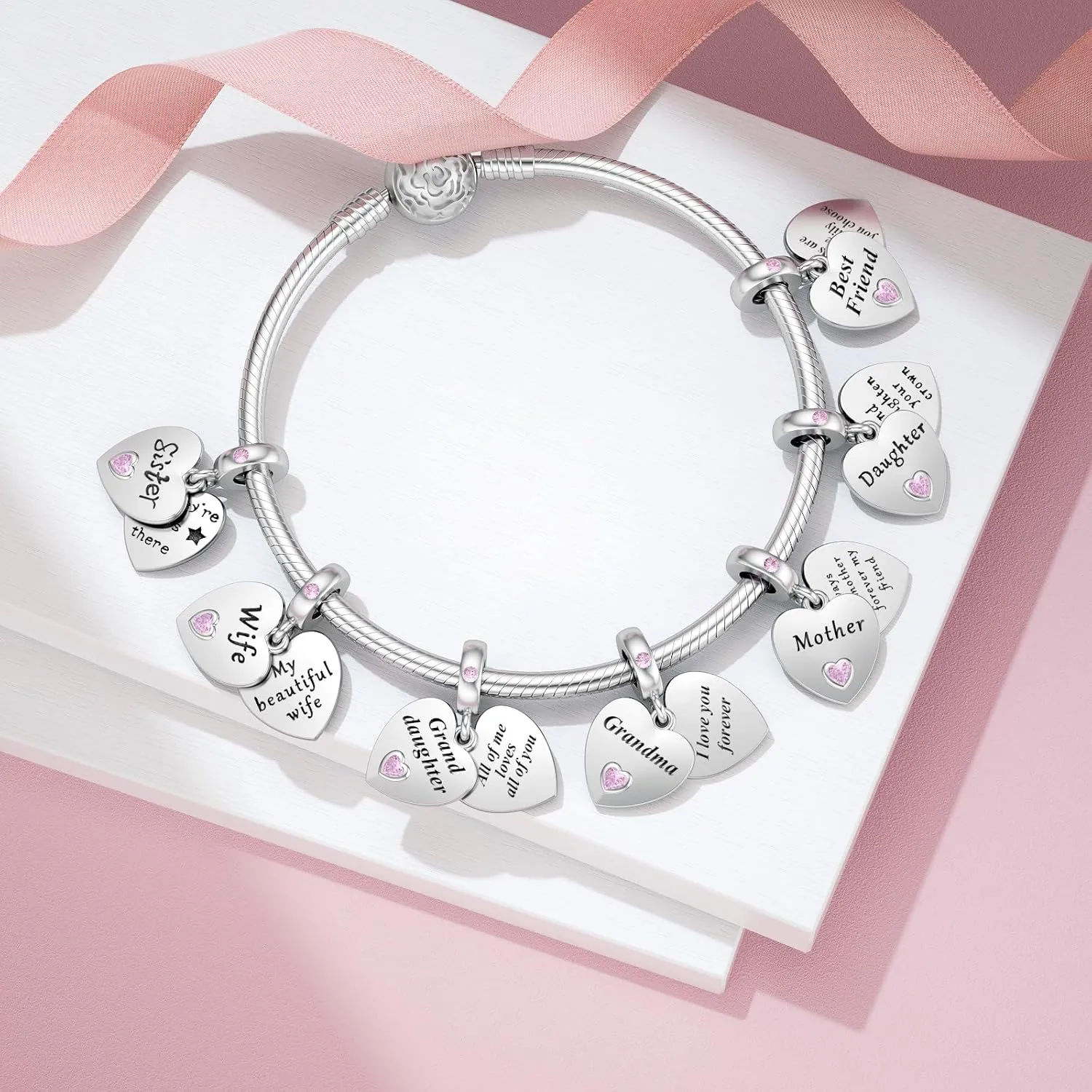 JIAYIQI Mother Sister Daughter Wife Charms Fit Charms Bracelet Necklace with Double Heart Love Charms 925 Sterling Silver Beads for Women Jewelry