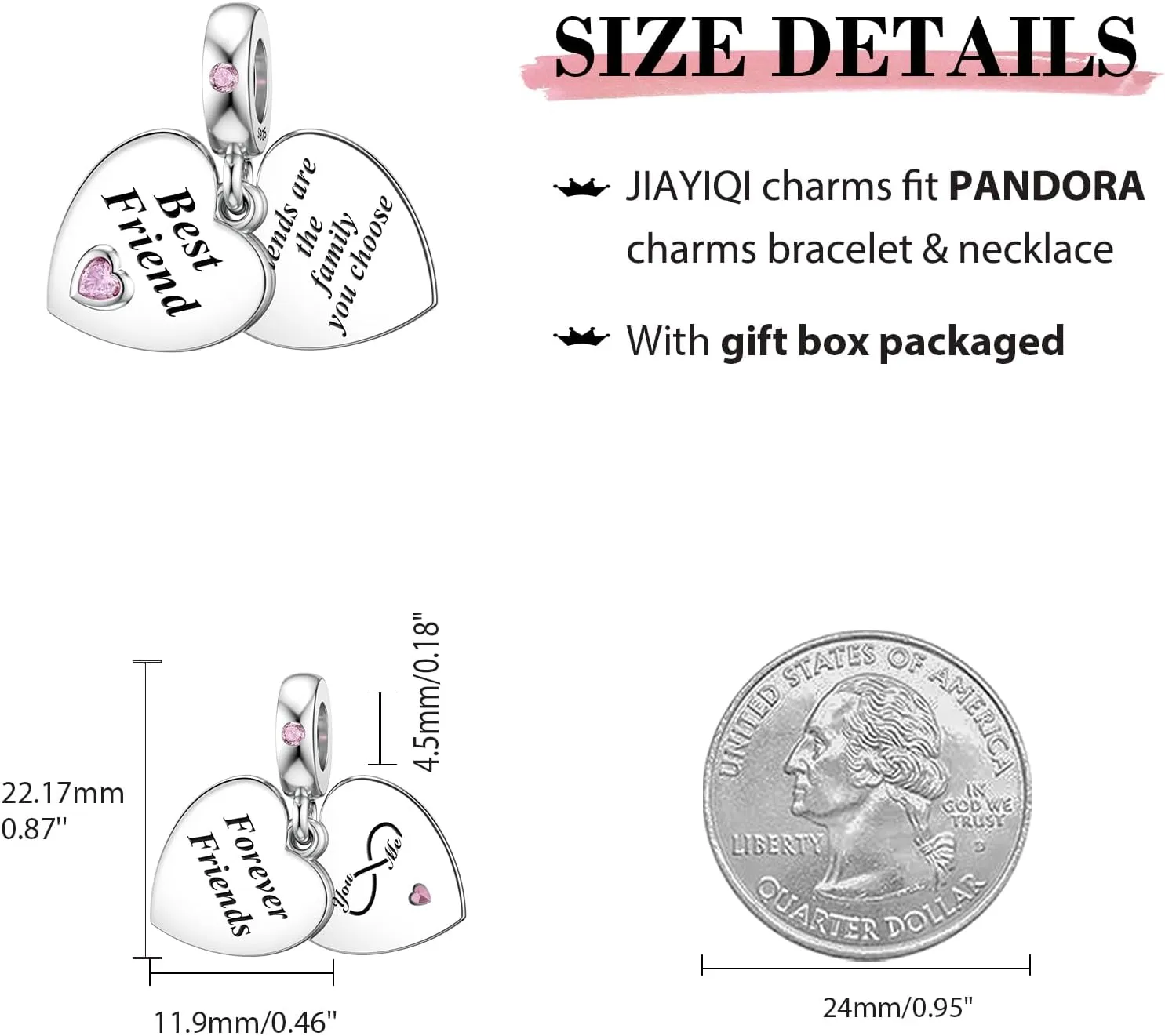 JIAYIQI Mother Sister Daughter Wife Charms Fit Charms Bracelet Necklace with Double Heart Love Charms 925 Sterling Silver Beads for Women Jewelry