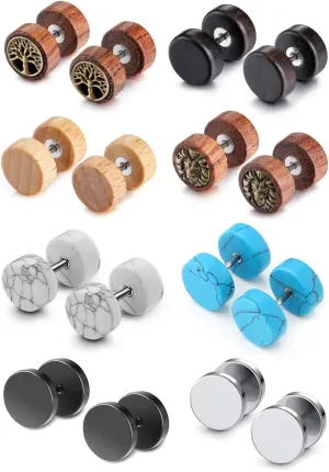 JOVIVI 8 Pairs 18G/16G Wood Faux Gauges Earrings For Men Women Punk Stainless Steel Turquoise Barbell Stud Earrings Fake Flesh Ear Tunnels Expander Plugs 00G Gauge Look