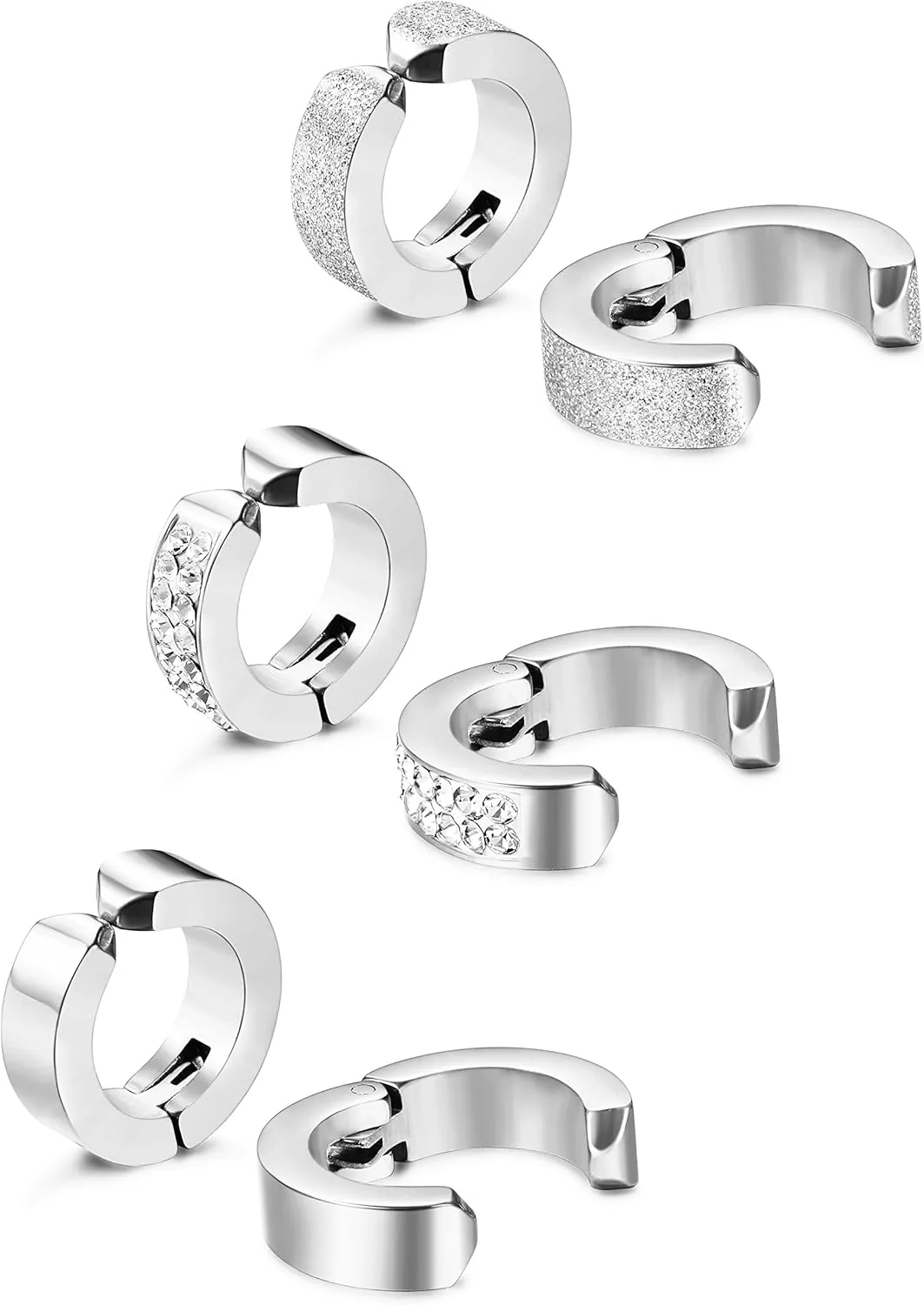 Jstyle 3 Pairs Stainless Steel Mens Womens Hoop Earrings Clip On CZ Non-Piercing