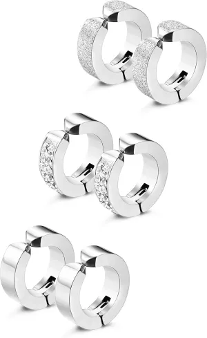 Jstyle 3 Pairs Stainless Steel Mens Womens Hoop Earrings Clip On CZ Non-Piercing