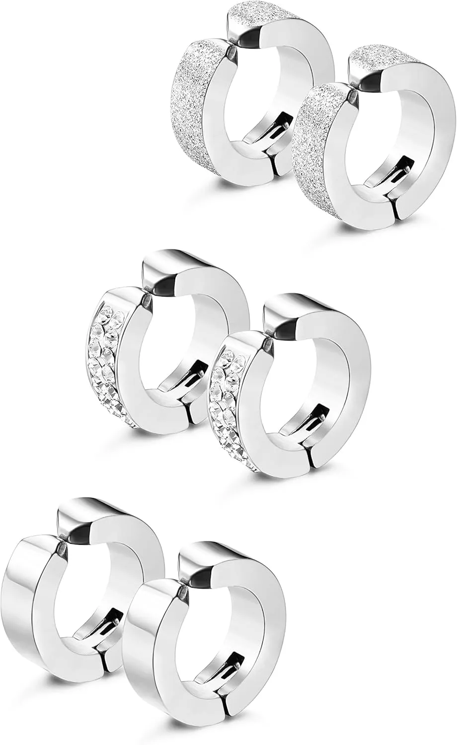 Jstyle 3 Pairs Stainless Steel Mens Womens Hoop Earrings Clip On CZ Non-Piercing