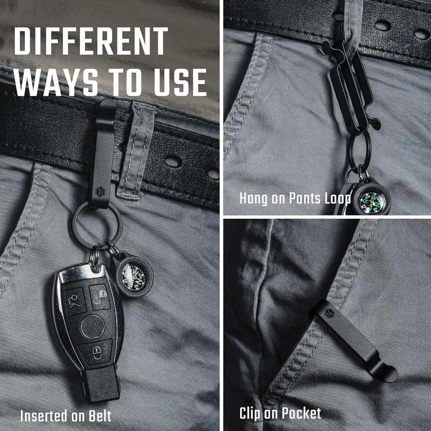 KeyUnity KM00 Titanium Belt Loop Keychain Clip Double Side Quick Release Key Holder with Detachable Key Ring