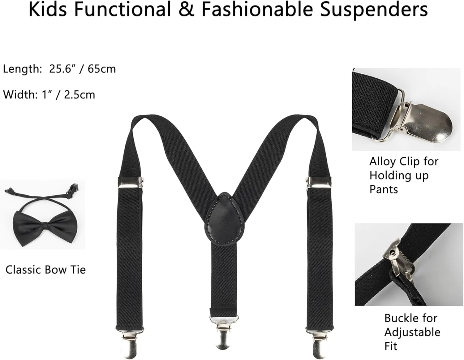 Kids Suspenders Set for Boys Girls Toddlers Adjustable Elastic Belts with Bowtie Clips 2-10Y