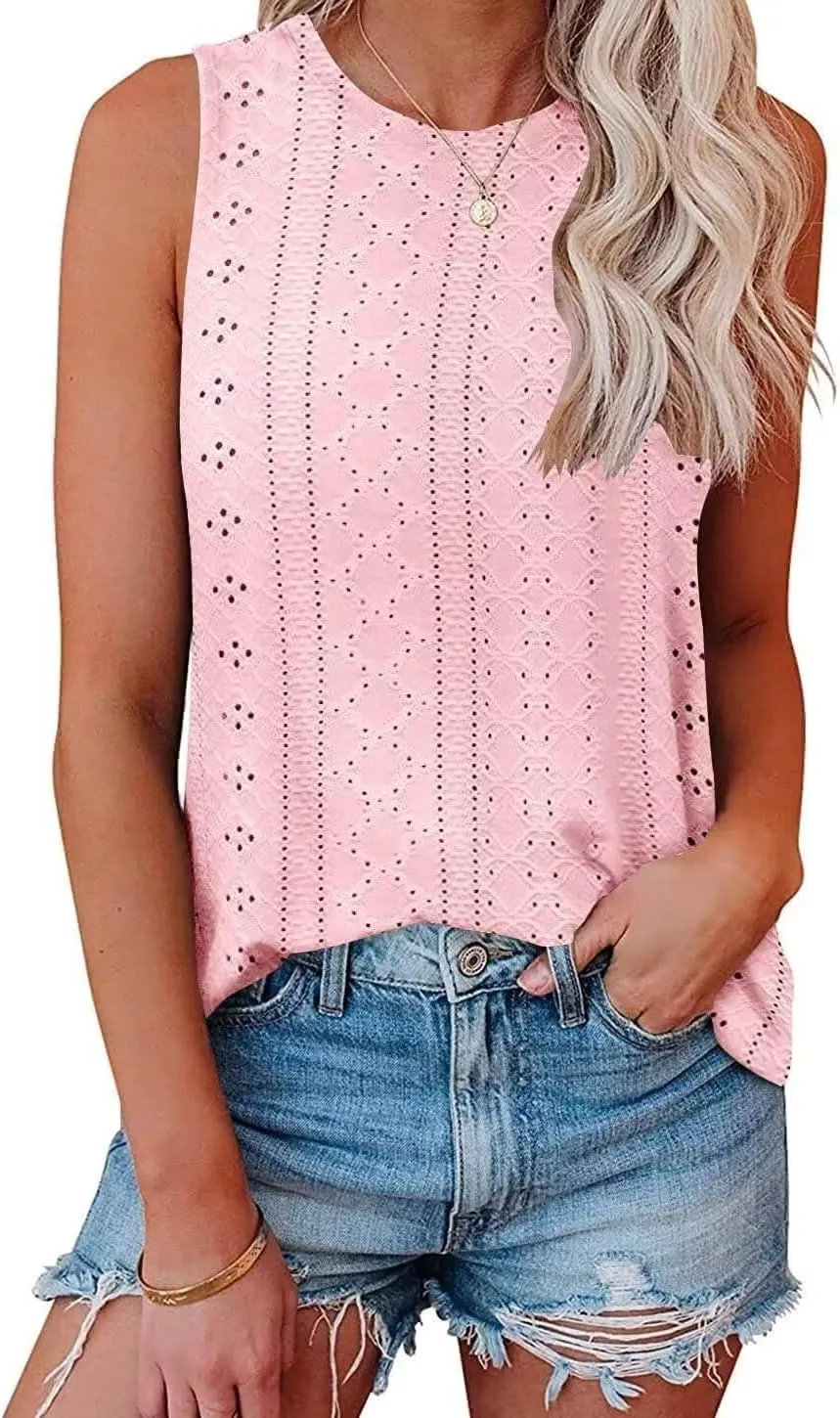 KKJ Womens Tank Tops Eyelet Embroidery Crewneck Sleeveless Going Out Casual Summer Basic Loose Shirts 2025 Fashion Clothes