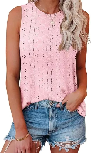 KKJ Womens Tank Tops Eyelet Embroidery Crewneck Sleeveless Going Out Casual Summer Basic Loose Shirts 2025 Fashion Clothes