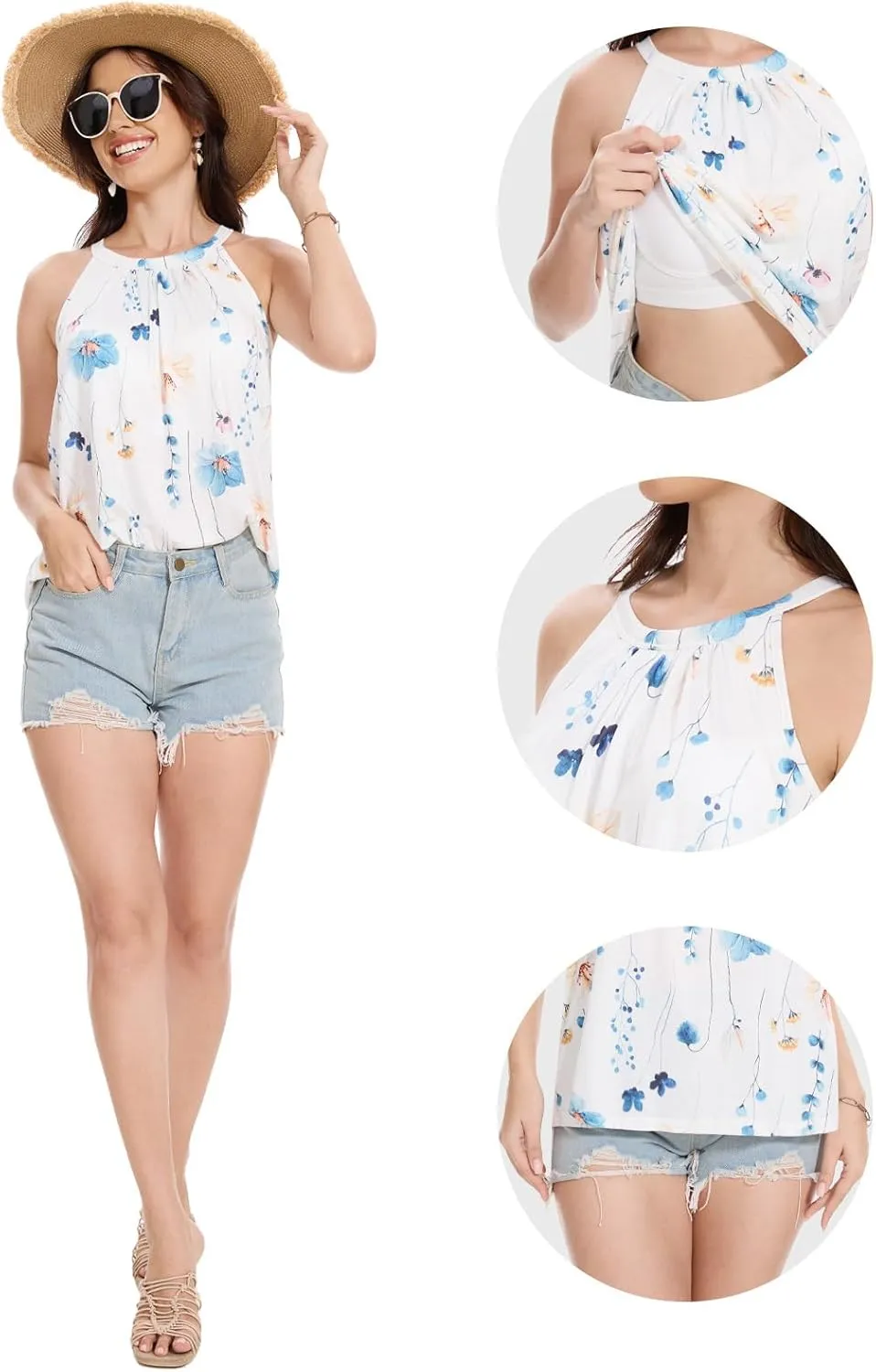 Kniffi Womens Tank Tops with Built in Bra Halter Neck Flowy Sleeveless Tank Tops Loose Fitting Camisole S-XXXL