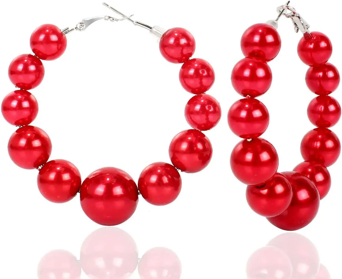Large Imitition Pearl Circle Hoop Earrings Colorful Beaded Dangle Drop Earrings for Women Wedding Christmas Statement 60'S 70's Party Retro Jewelry