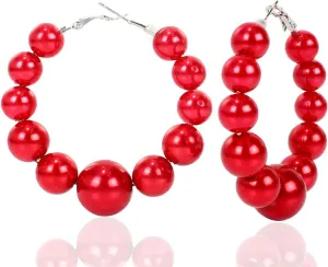 Large Imitition Pearl Circle Hoop Earrings Colorful Beaded Dangle Drop Earrings for Women Wedding Christmas Statement 60'S 70's Party Retro Jewelry