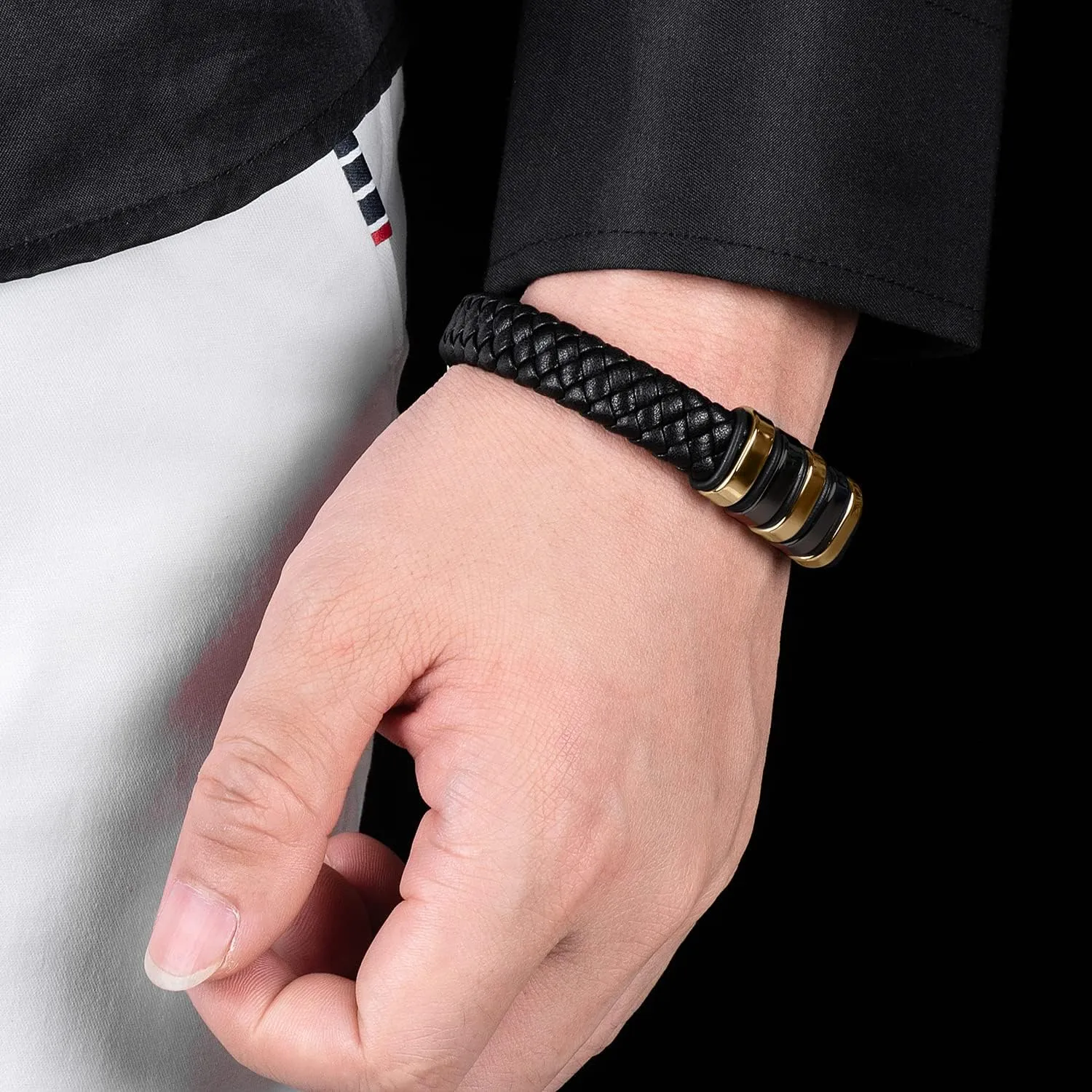 Leather Bracelet for Men Braided Cuff Wristband Stainless Steel Clasp in Silver and Gold Jewellery Gift