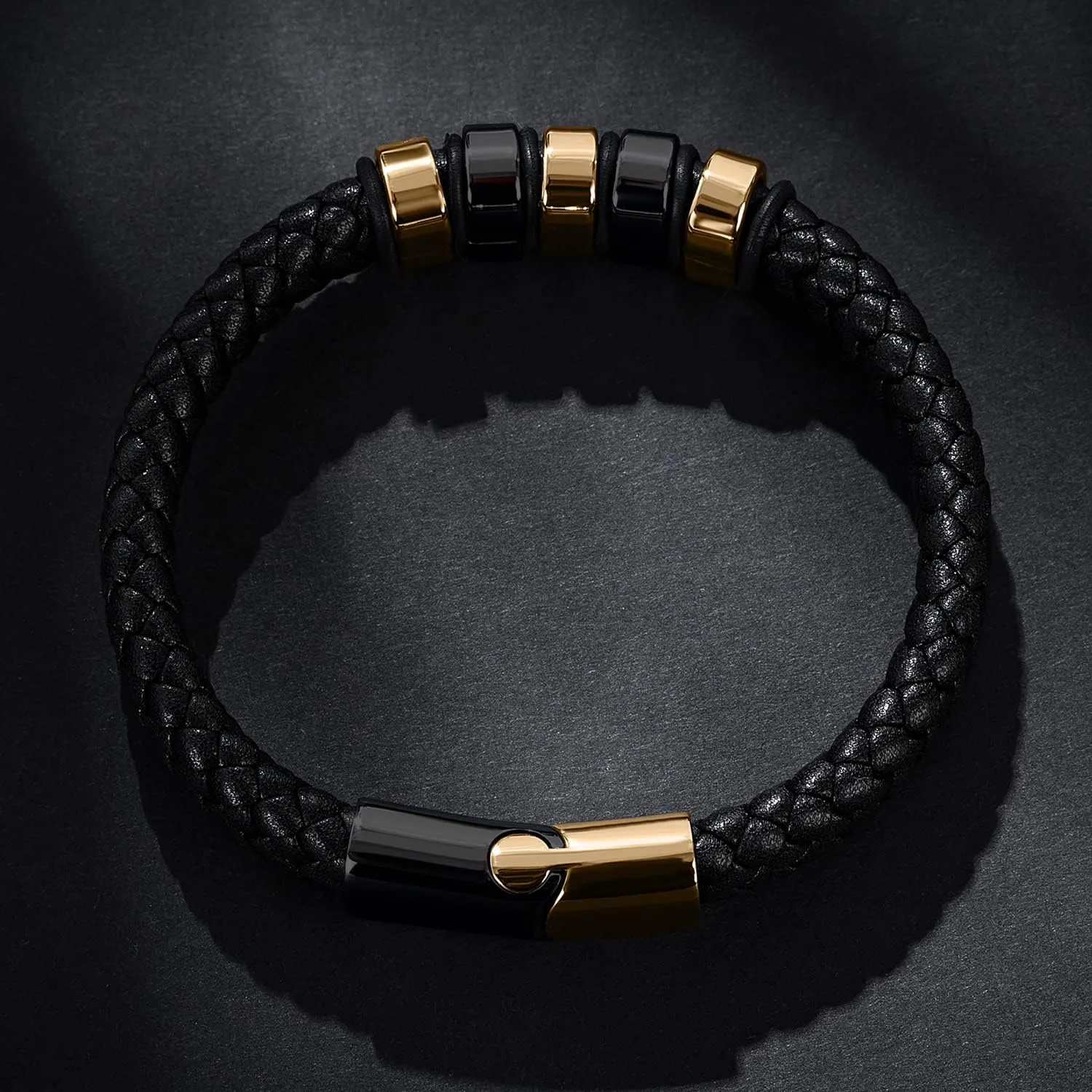 Leather Bracelet for Men Braided Cuff Wristband Stainless Steel Clasp in Silver and Gold Jewellery Gift