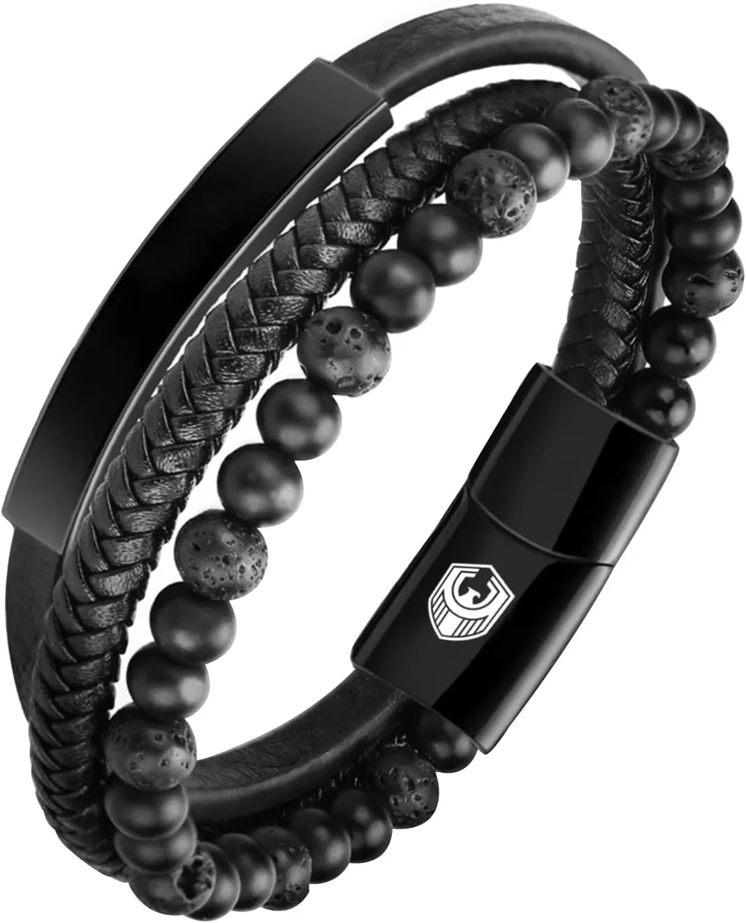 Leather Bracelet, New Mens Braided Bracelet Bead with Lava and Onyx Bead, Cuff Bracelets for men, Cowhide Braided bangle, punk wristband, with Stainless Steel Magnetic Clasp Gift for Men Him