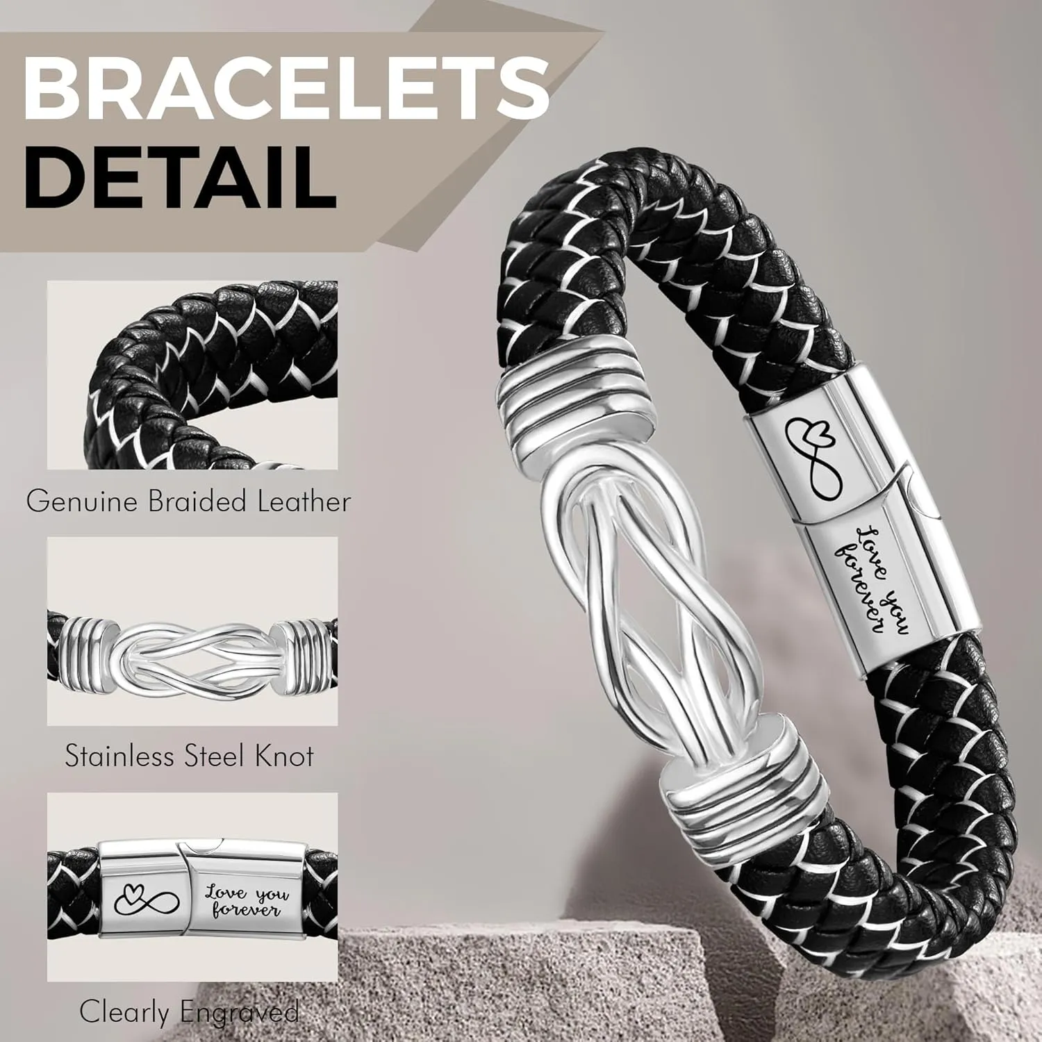Leather Bracelets for Men - I Love You Infinity Cuff Bangle - Gifts for Him, Son, Grandson, Boyfriend - Christmas Stocking Stuffers for Teens, Dad - Birthday, Anniversary Jewelry