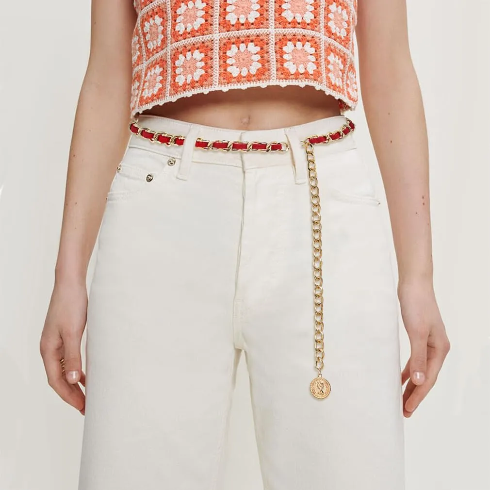 Leather Chain Belts for Women Girls, Layered Body Chain Belts Metal Waist Chain for Dress Vest Jeans