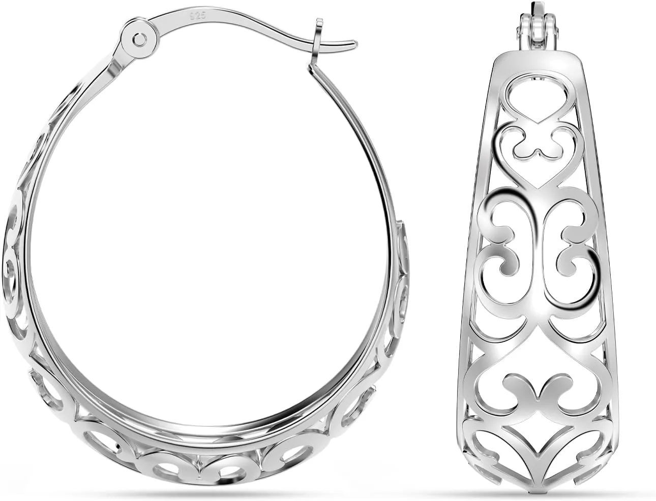 LeCalla 925 Sterling Silver Chunky Hoop Earrings | Filigree Mesh Heart Click Top Hoops for Women