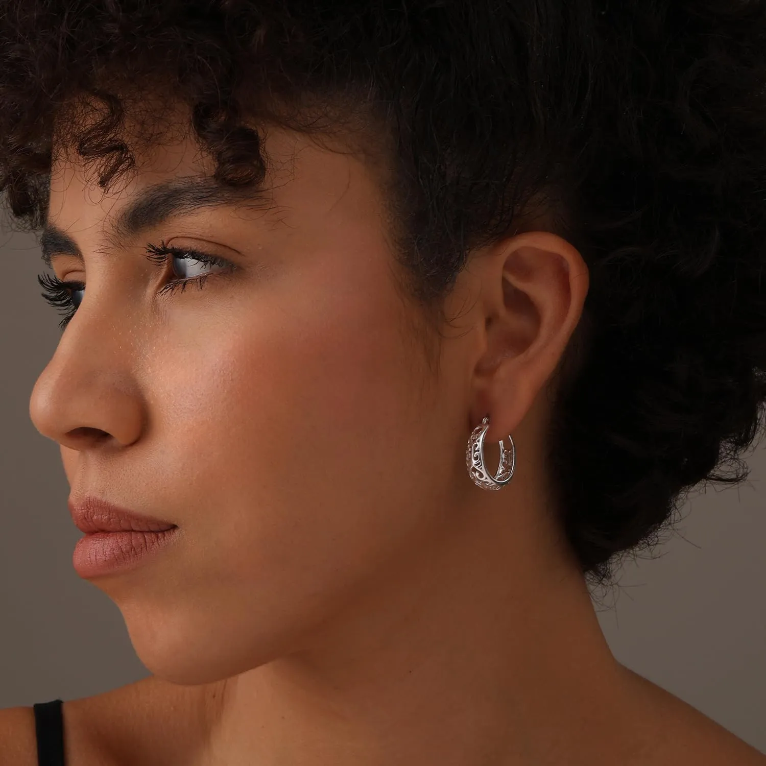 LeCalla 925 Sterling Silver Chunky Hoop Earrings | Filigree Mesh Heart Click Top Hoops for Women