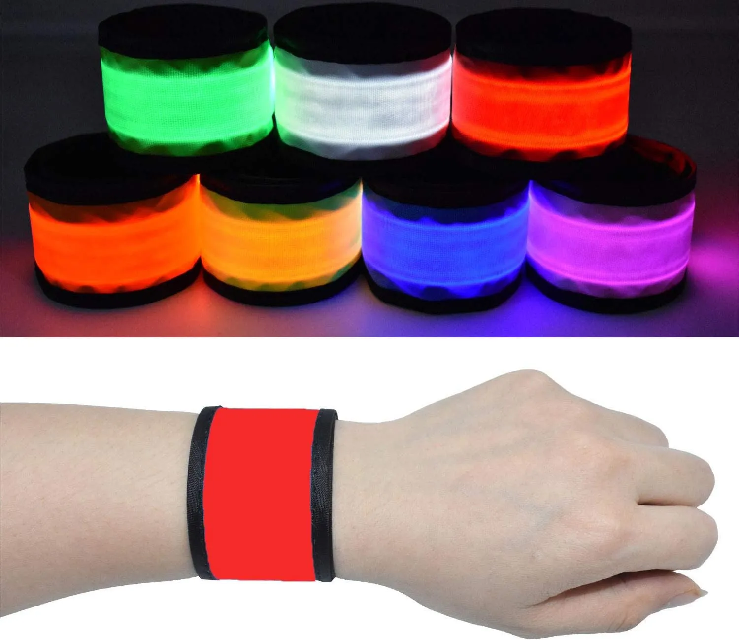 LED Glow Slap Bracelets for Kids Adults, Light Up Wristbands Flashing Arm Wrist Ankle Bands High Visibility Safety Reflective Gear Lights for Biking Walking Running Camping (Red)