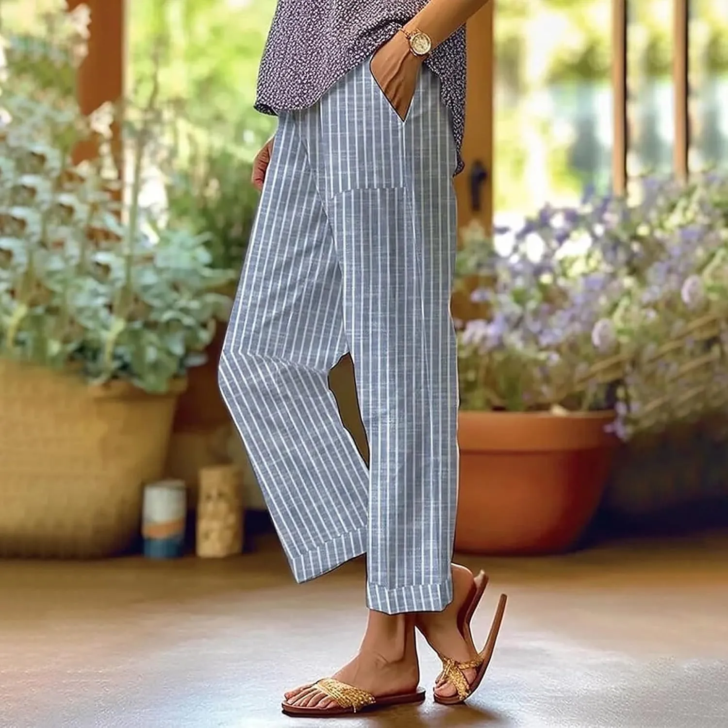 Linen Pants for Women Casual Elastic High Waisted Straight Leg Pants 2025 Summer Boho Floral Lightweight Beach Trousers