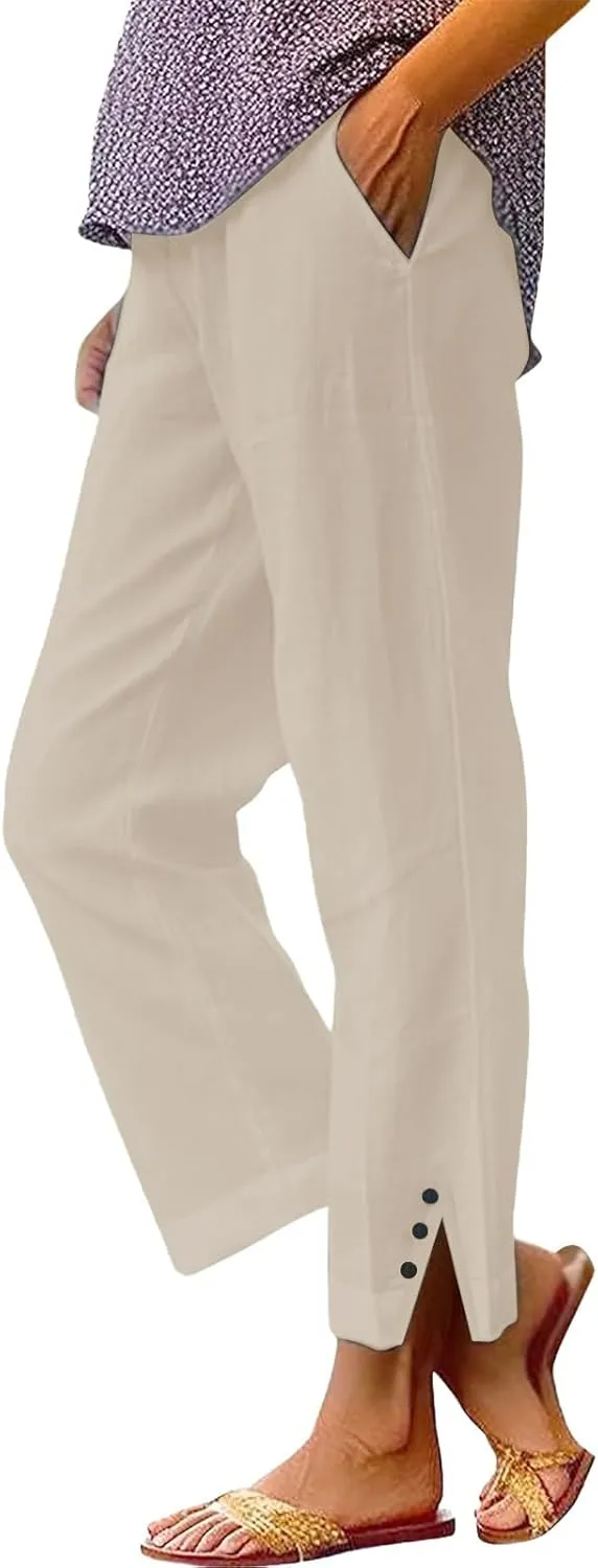 Linen Pants for Women Casual Elastic High Waisted Straight Leg Pants 2025 Summer Boho Floral Lightweight Beach Trousers