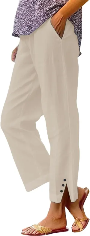 Linen Pants for Women Casual Elastic High Waisted Straight Leg Pants 2025 Summer Boho Floral Lightweight Beach Trousers