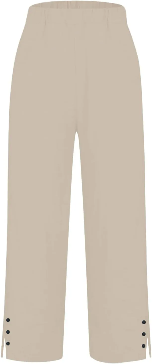 Linen Pants for Women Casual Elastic High Waisted Straight Leg Pants 2025 Summer Boho Floral Lightweight Beach Trousers