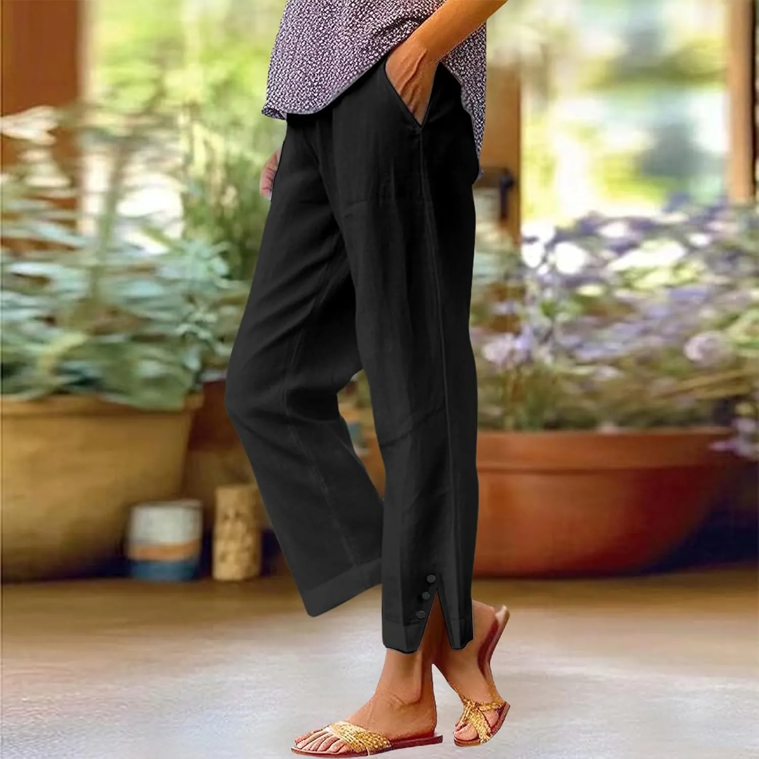 Linen Pants for Women Casual Elastic High Waisted Straight Leg Pants 2025 Summer Boho Floral Lightweight Beach Trousers