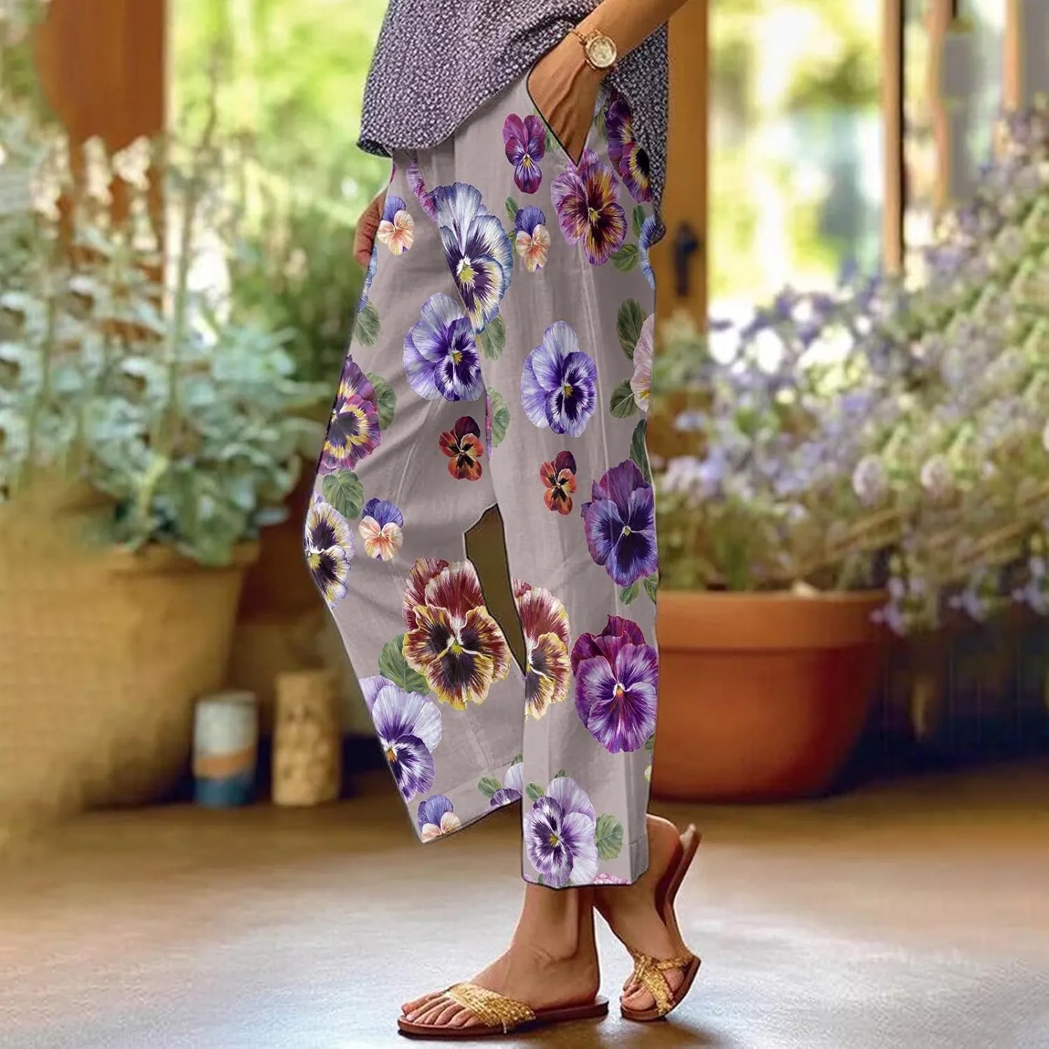 Linen Pants for Women Casual Elastic High Waisted Straight Leg Pants 2025 Summer Boho Floral Lightweight Beach Trousers