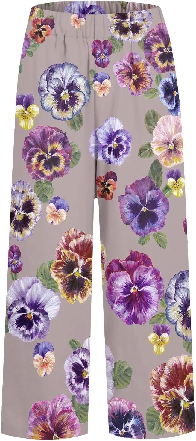 Linen Pants for Women Casual Elastic High Waisted Straight Leg Pants 2025 Summer Boho Floral Lightweight Beach Trousers