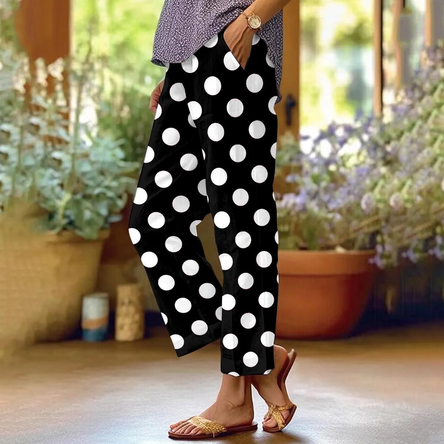 Linen Pants for Women Casual Elastic High Waisted Straight Leg Pants 2025 Summer Boho Floral Lightweight Beach Trousers