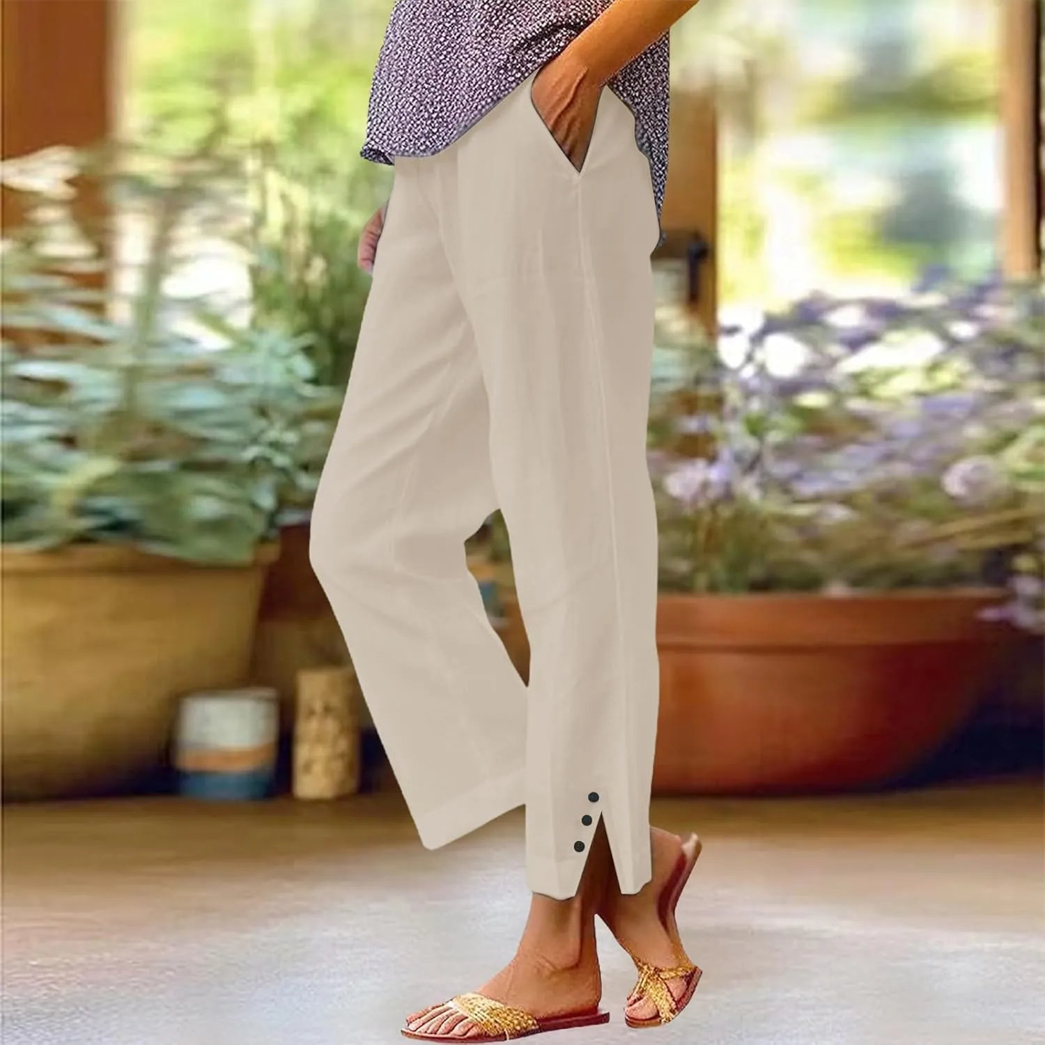Linen Pants for Women Casual Elastic High Waisted Straight Leg Pants 2025 Summer Boho Floral Lightweight Beach Trousers