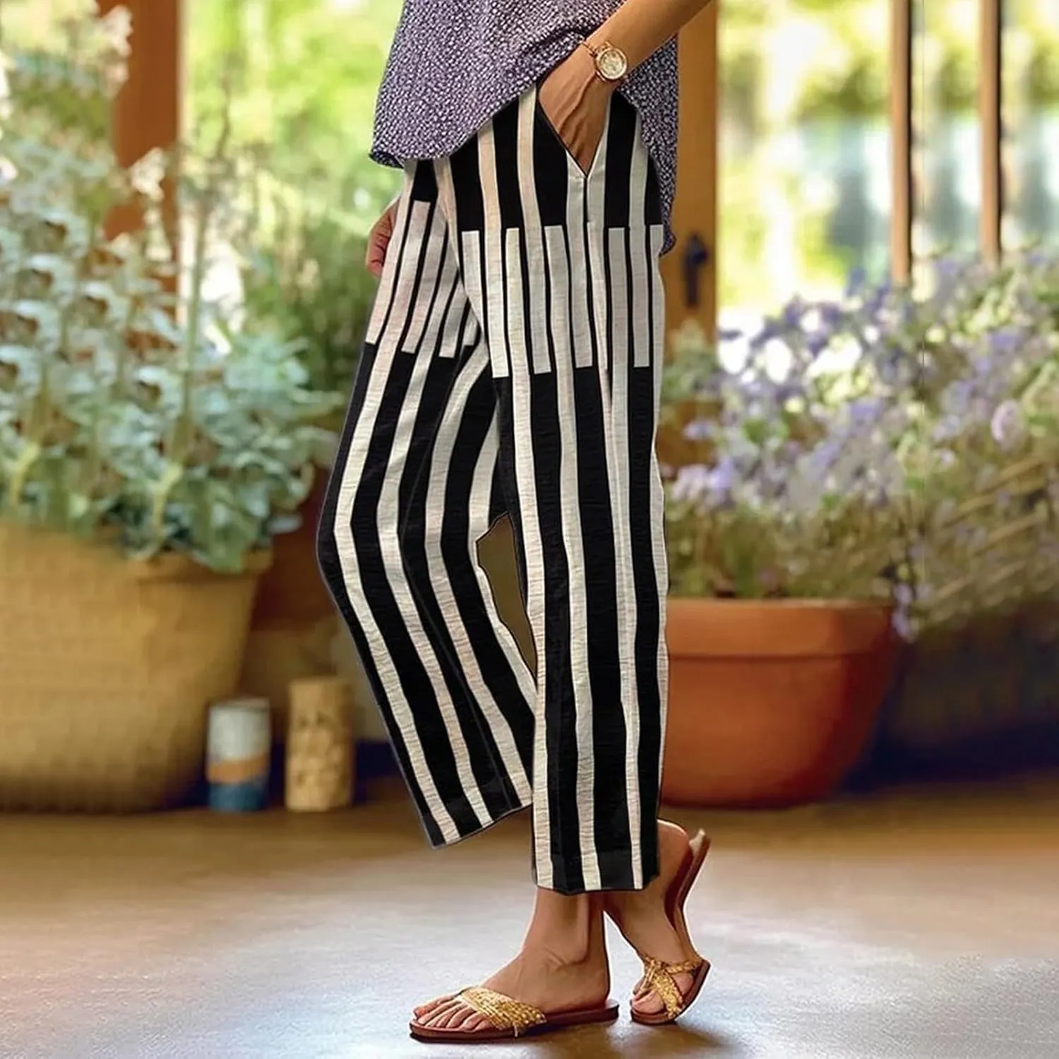 Linen Pants for Women Casual Elastic High Waisted Straight Leg Pants 2025 Summer Boho Floral Lightweight Beach Trousers