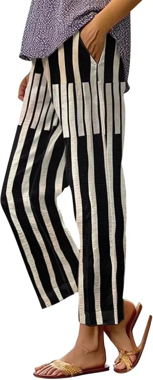 Linen Pants for Women Casual Elastic High Waisted Straight Leg Pants 2025 Summer Boho Floral Lightweight Beach Trousers