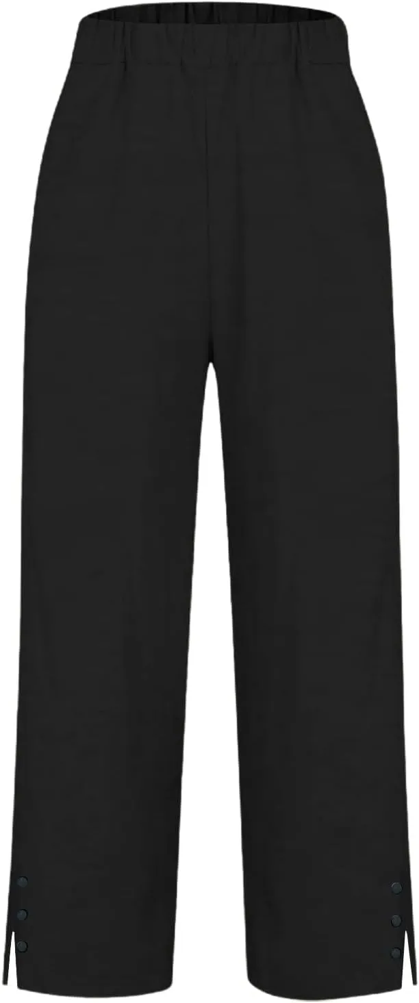 Linen Pants for Women Casual Elastic High Waisted Straight Leg Pants 2025 Summer Boho Floral Lightweight Beach Trousers