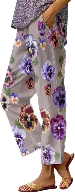 Linen Pants for Women Casual Elastic High Waisted Straight Leg Pants 2025 Summer Boho Floral Lightweight Beach Trousers