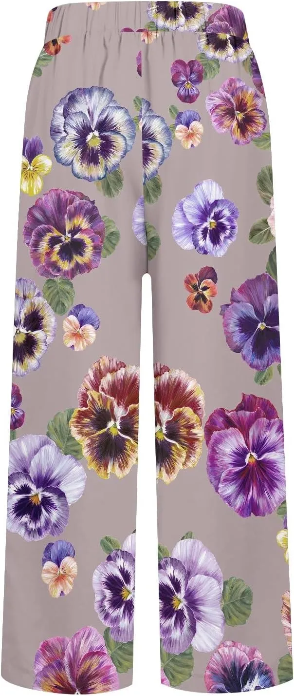 Linen Pants for Women Casual Elastic High Waisted Straight Leg Pants 2025 Summer Boho Floral Lightweight Beach Trousers