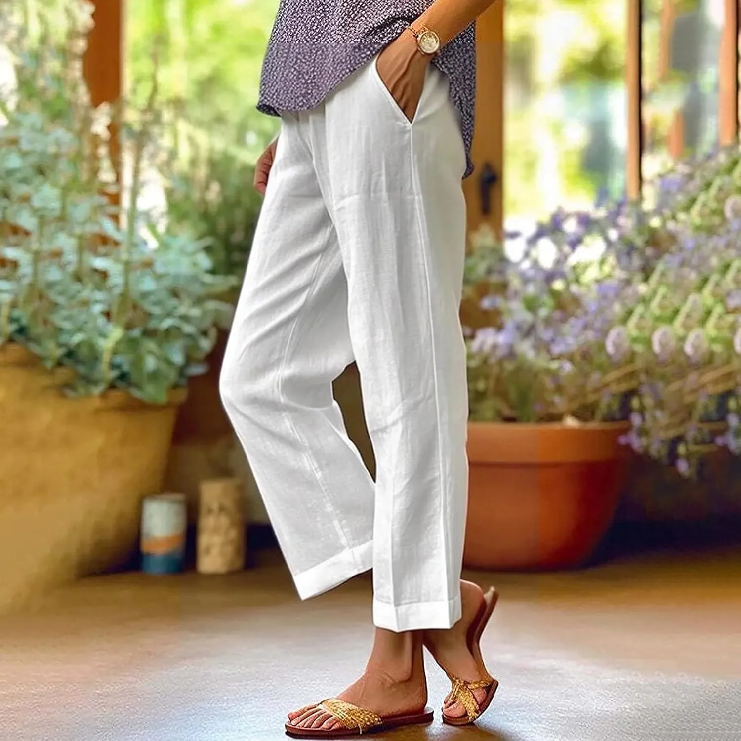 Linen Pants for Women Casual Loose High Waist Wide Leg Palazzo Pants 2025 Summer Boho Floral Lightweight Beach Trousers