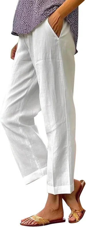 Linen Pants for Women Casual Loose High Waist Wide Leg Palazzo Pants 2025 Summer Boho Floral Lightweight Beach Trousers