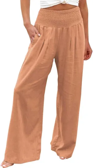 Linen Pants Women Summer Baggy Wide Leg High Waisted Palazzo Pants Plus Size Casual Lounge Comfy Flowy Beach Trousers
