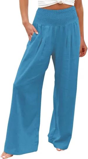 Linen Pants Women Summer Baggy Wide Leg High Waisted Palazzo Pants Plus Size Casual Lounge Comfy Flowy Beach Trousers